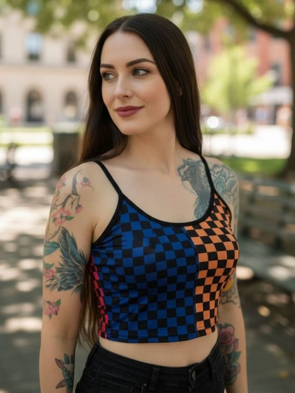 SHEIN ✦ Crop Top ✦ Colorblock Checkered Spaghetti Strap Orange Blue Pink S NWT